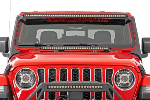 Jeep 50-Inch Straight LED Light Bar Upper Windshield Kit w/ Single-Row Black Series LED 20-Up Gladiator JT 18-20 Wrangler JL Rough Country